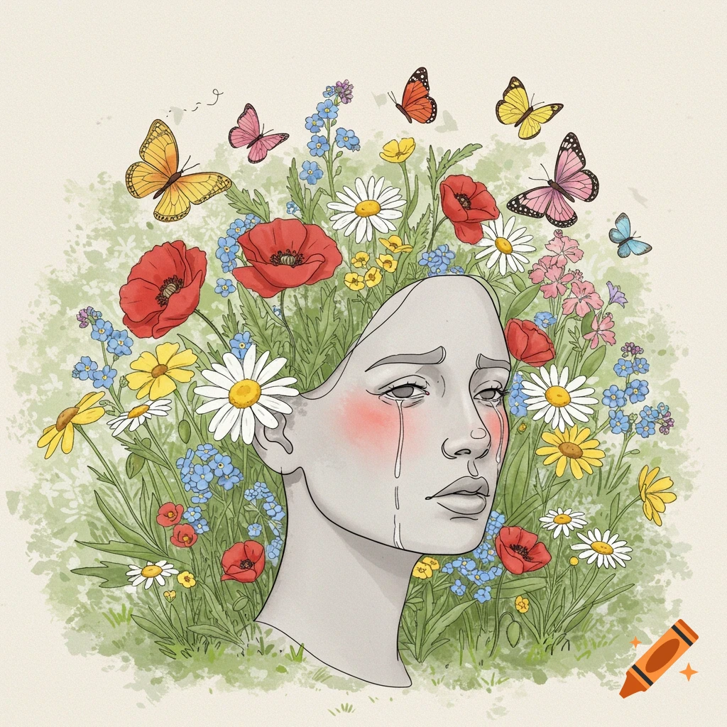 Illustration of a stone head crying, surrounded by colorful wildflowers and butterflies.
