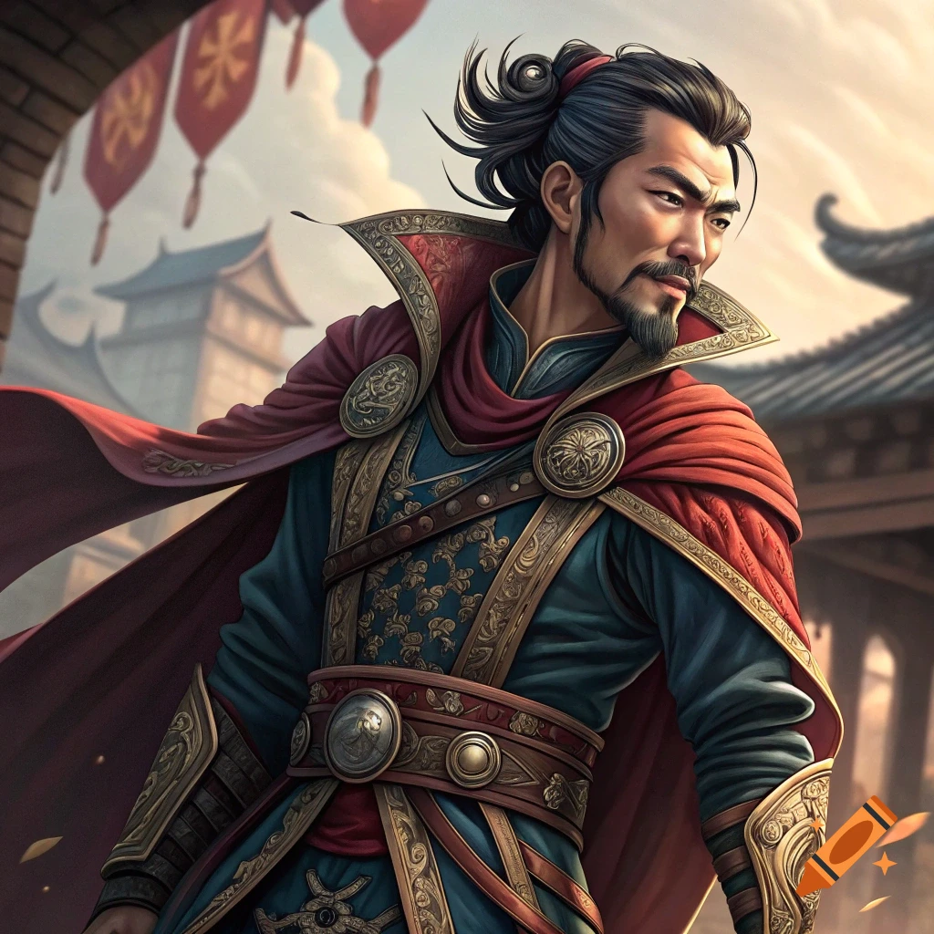 Portrait of a man in ancient East Asian armor and cloak, standing near lanterns and architecture.