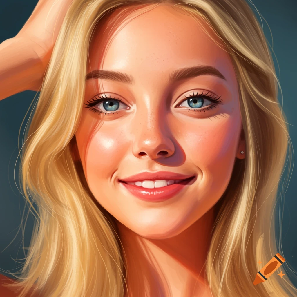 Close-up portrait of a smiling young woman with blonde hair and blue eyes, sunlight on her face.