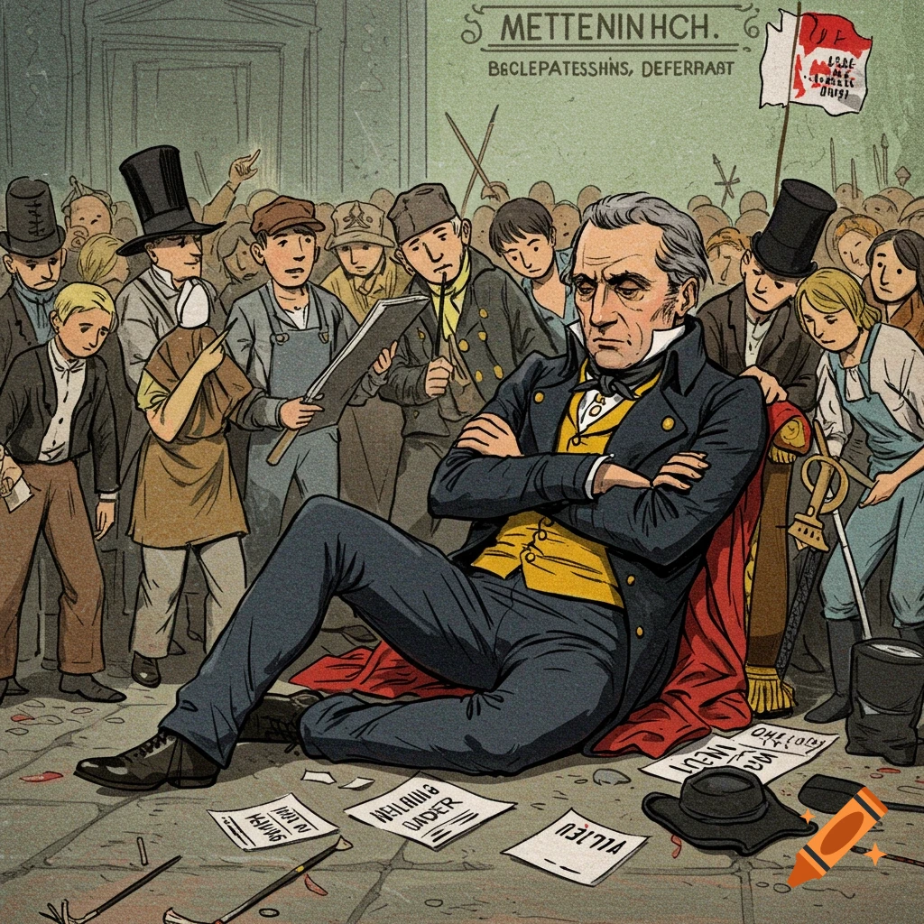 Illustration of Metternich sitting defeated on the ground, surrounded by a crowd and papers.