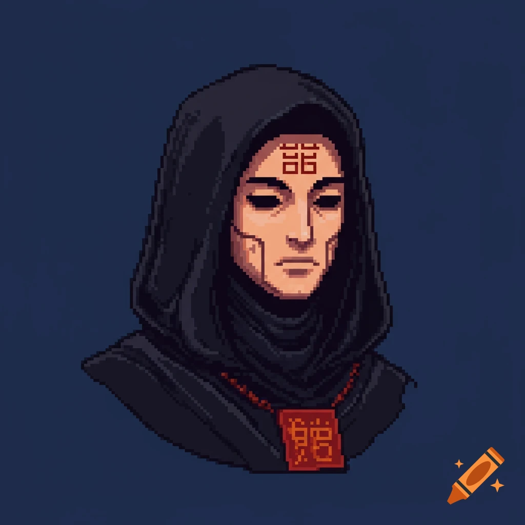 Pixel art portrait of a hooded figure with symbols on their forehead and pendant.