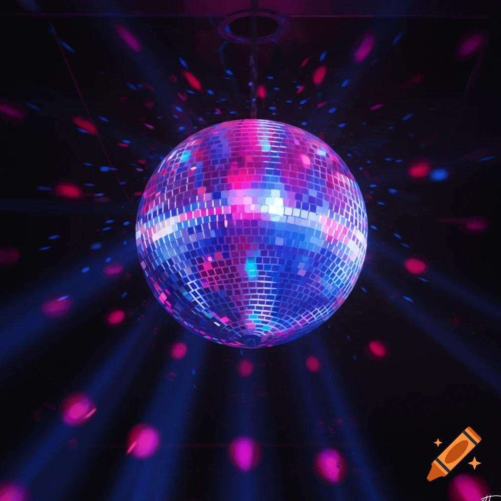 A sparkling disco ball hangs in a dark room, reflecting pink and blue lights.