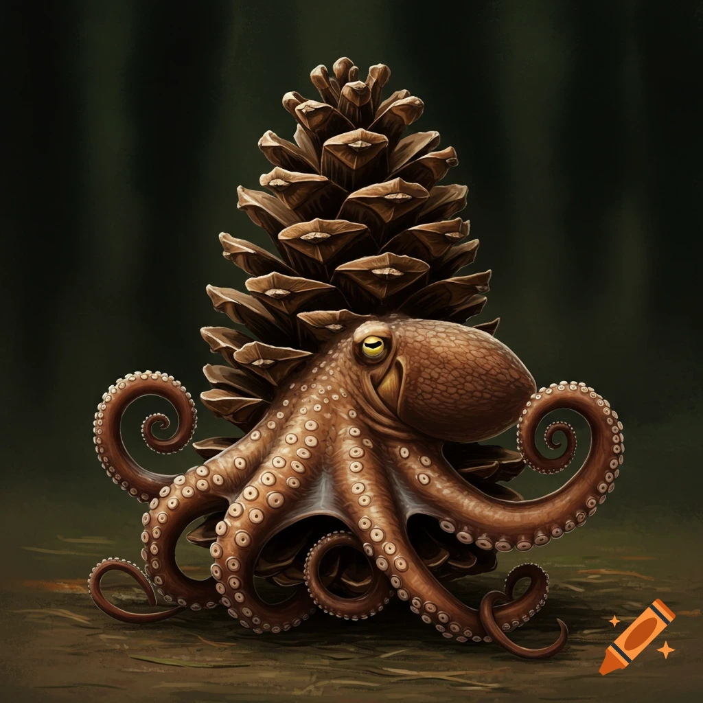 Illustration of a brown octopus merged with a large pine cone