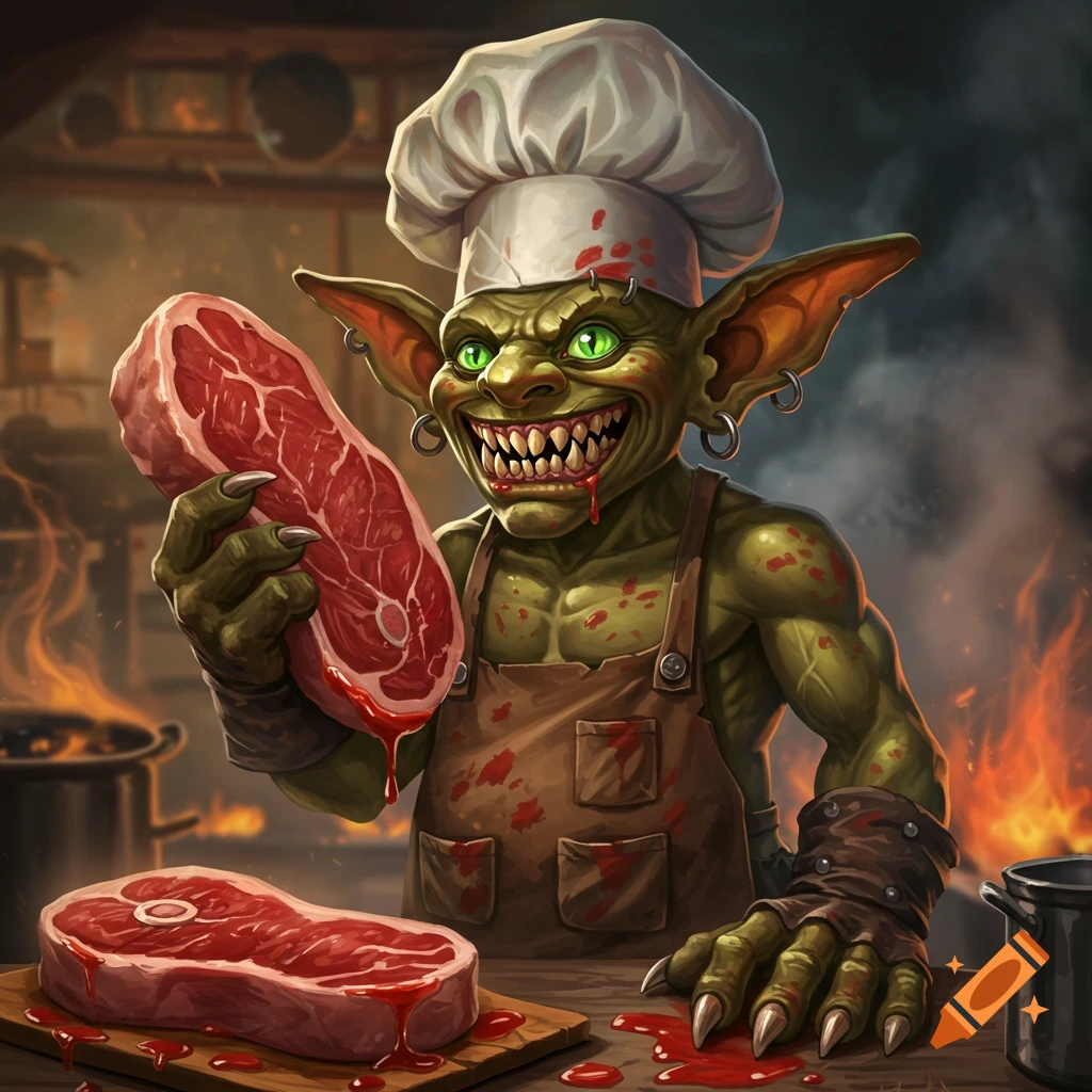 Illustration of a grinning goblin chef covered in blood, holding a large raw steak in a kitchen.