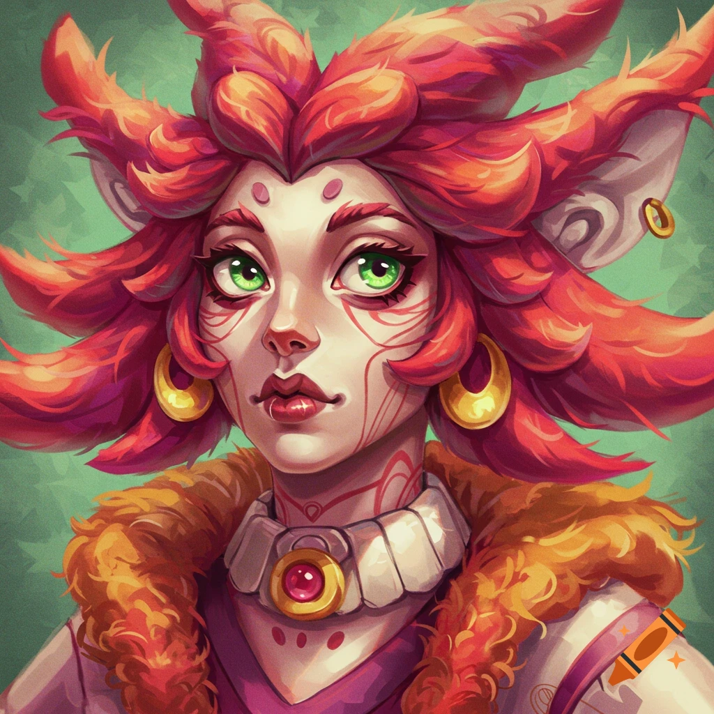 A stylized portrait of a fantasy character with red hair, green eyes, and face markings, wearing a fur collar.