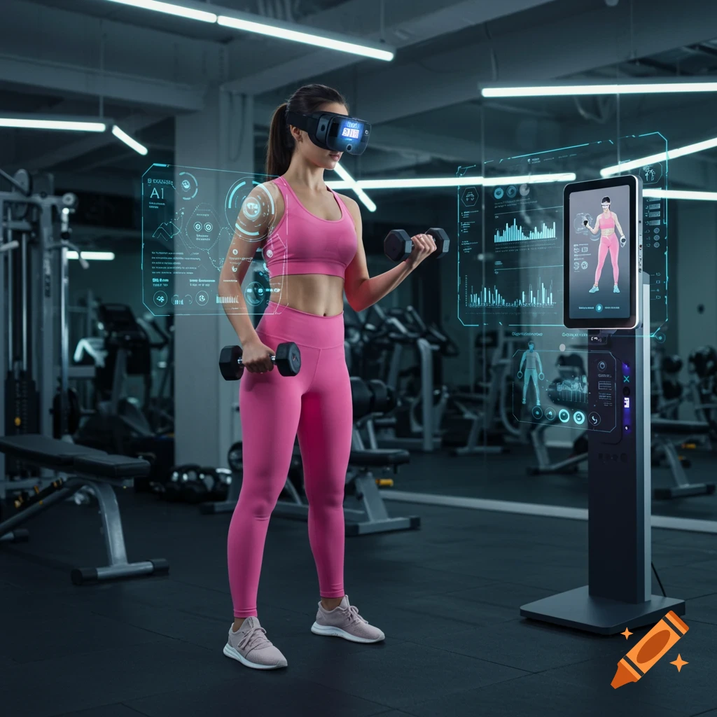 Woman in VR headset and pink workout clothes lifts dumbbells in a gym, interacting with futuristic holographic AI displays and a screen.