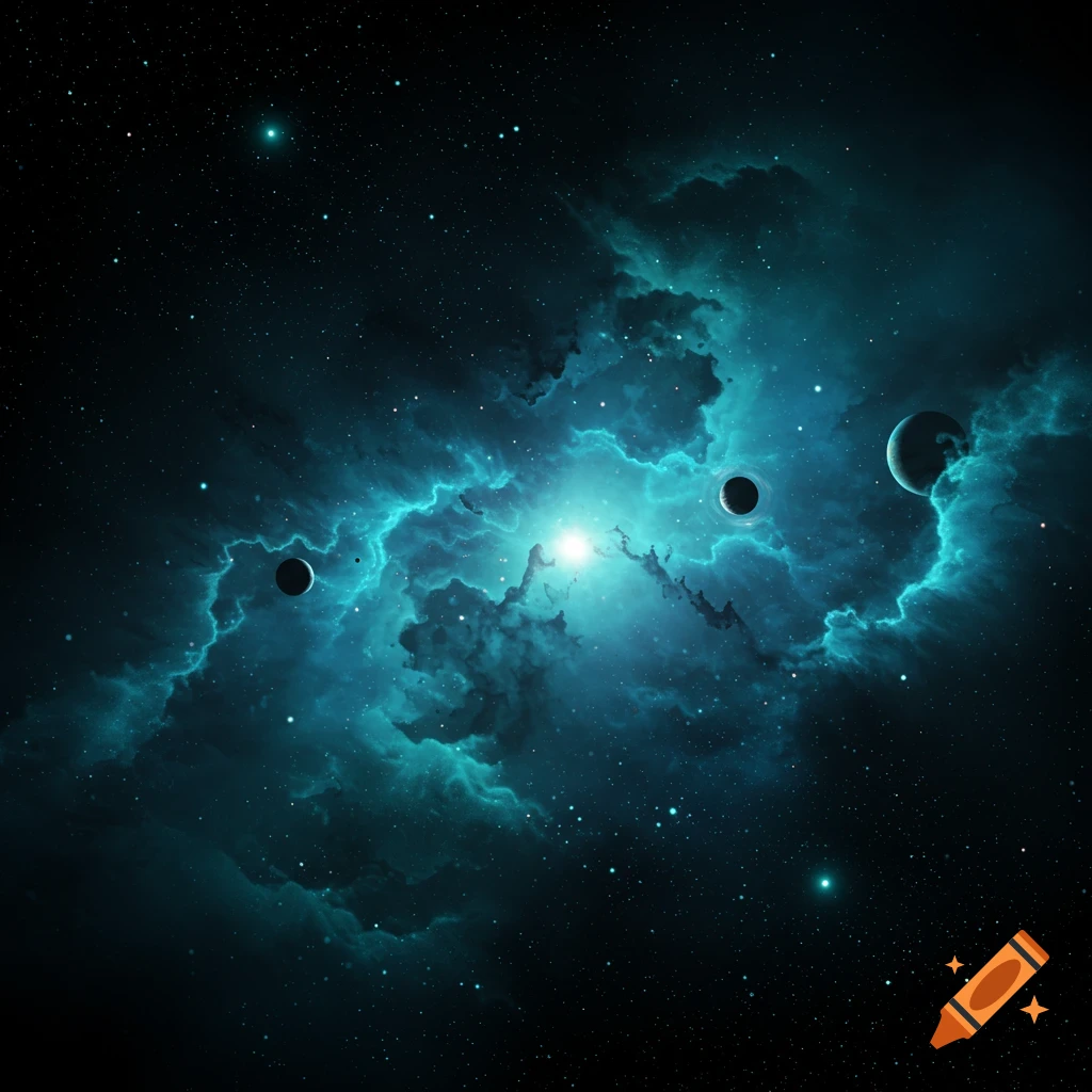 A vibrant blue nebula with planets and stars in deep space.