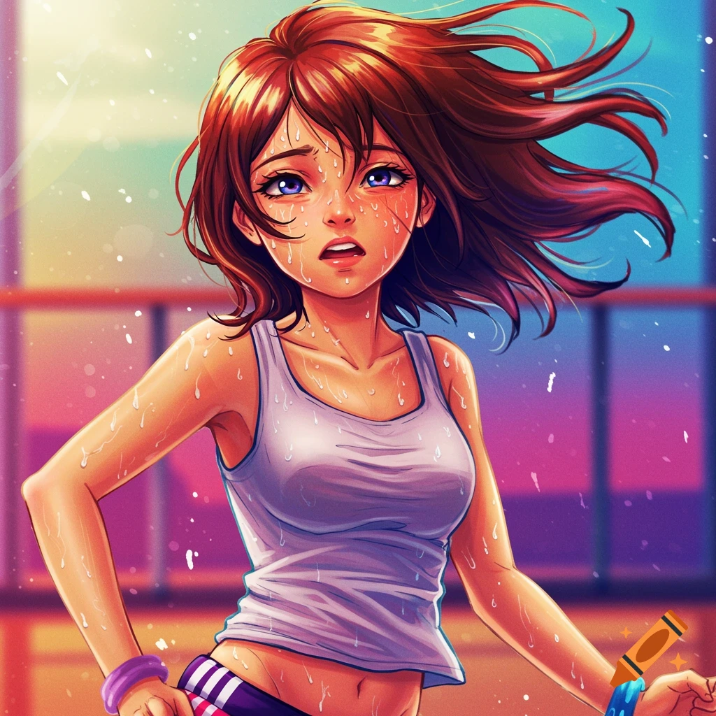 Anime illustration of a sweaty girl with red hair wearing a tank top.
