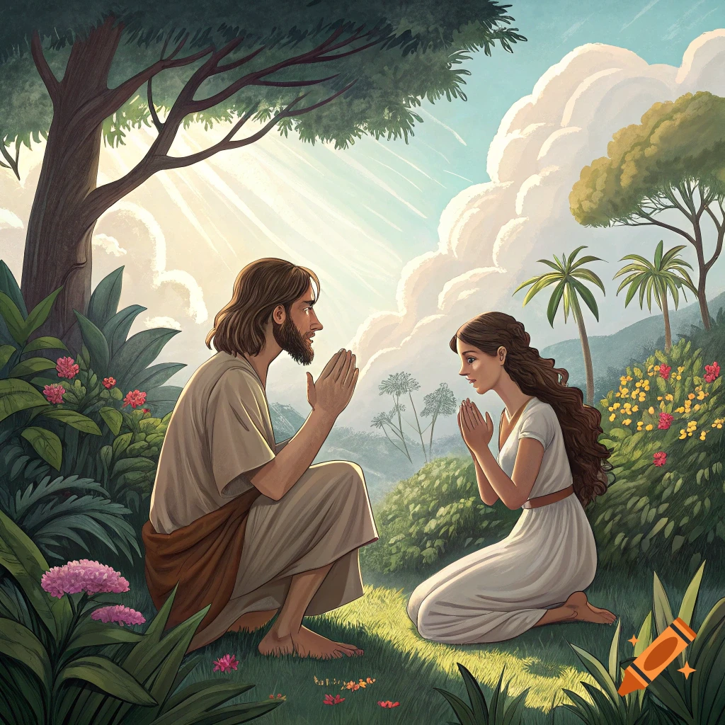 Illustration of a man and woman kneeling in prayer in a lush garden.