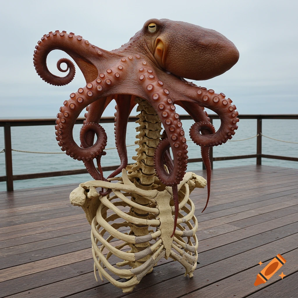 Photorealistic image of an octopus sitting atop a human skeleton torso on a wooden deck by the ocean.
