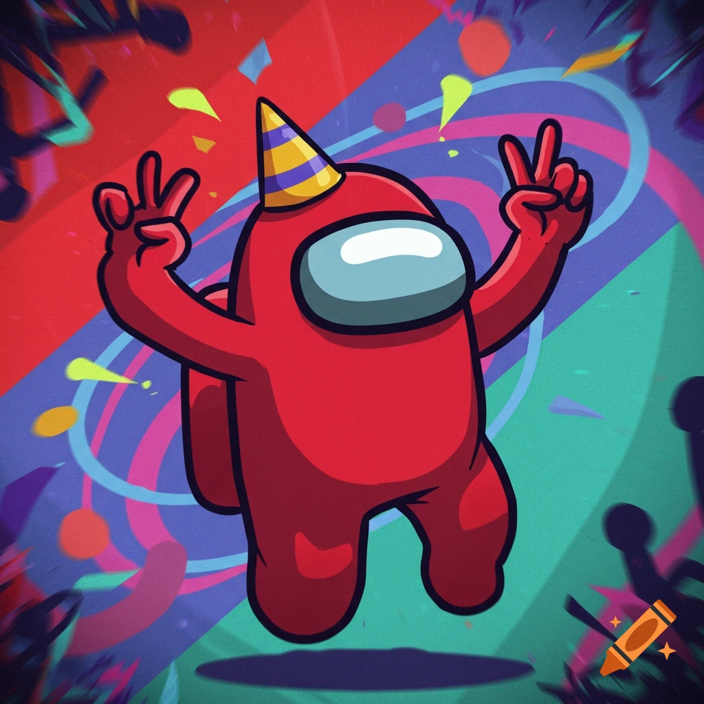 Cartoon red Among Us character with party hat making peace signs at a party.
