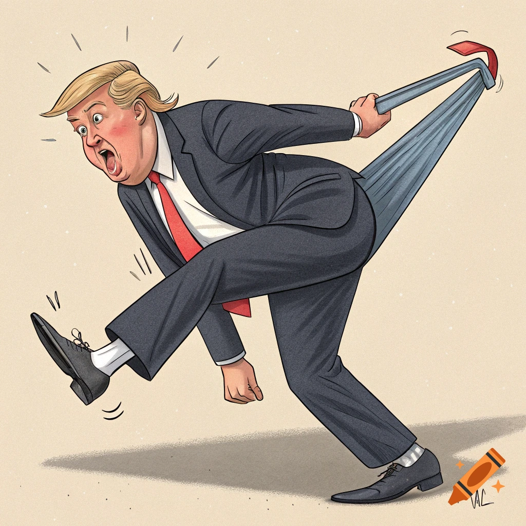 Cartoon caricature of Donald Trump getting an atomic wedgie.