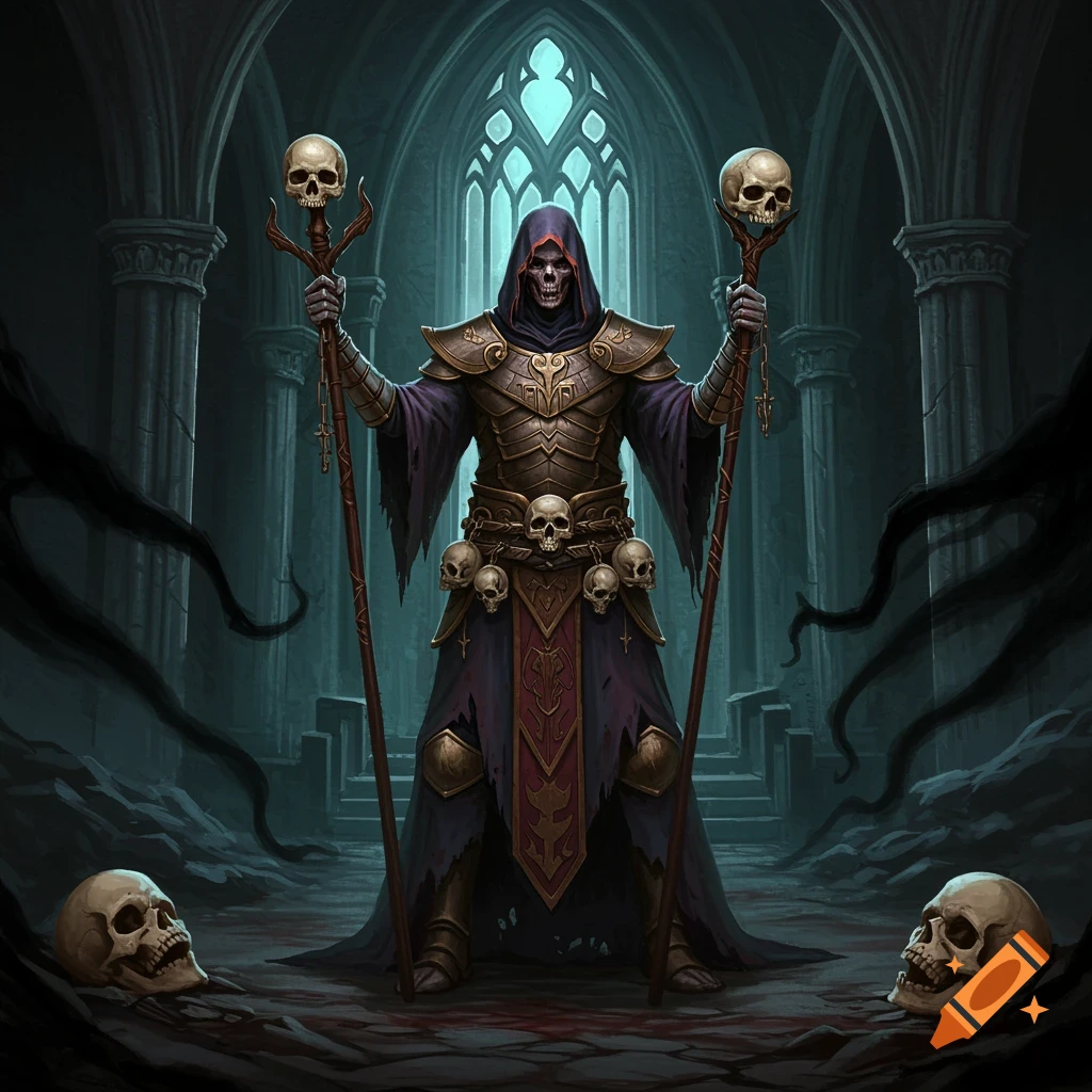 Skeletal necromancer stands in dark cathedral holding skull staffs, surrounded by skulls.