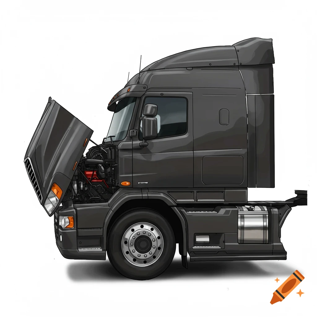 Illustration of a grey semi-truck cab with the hood open, side view