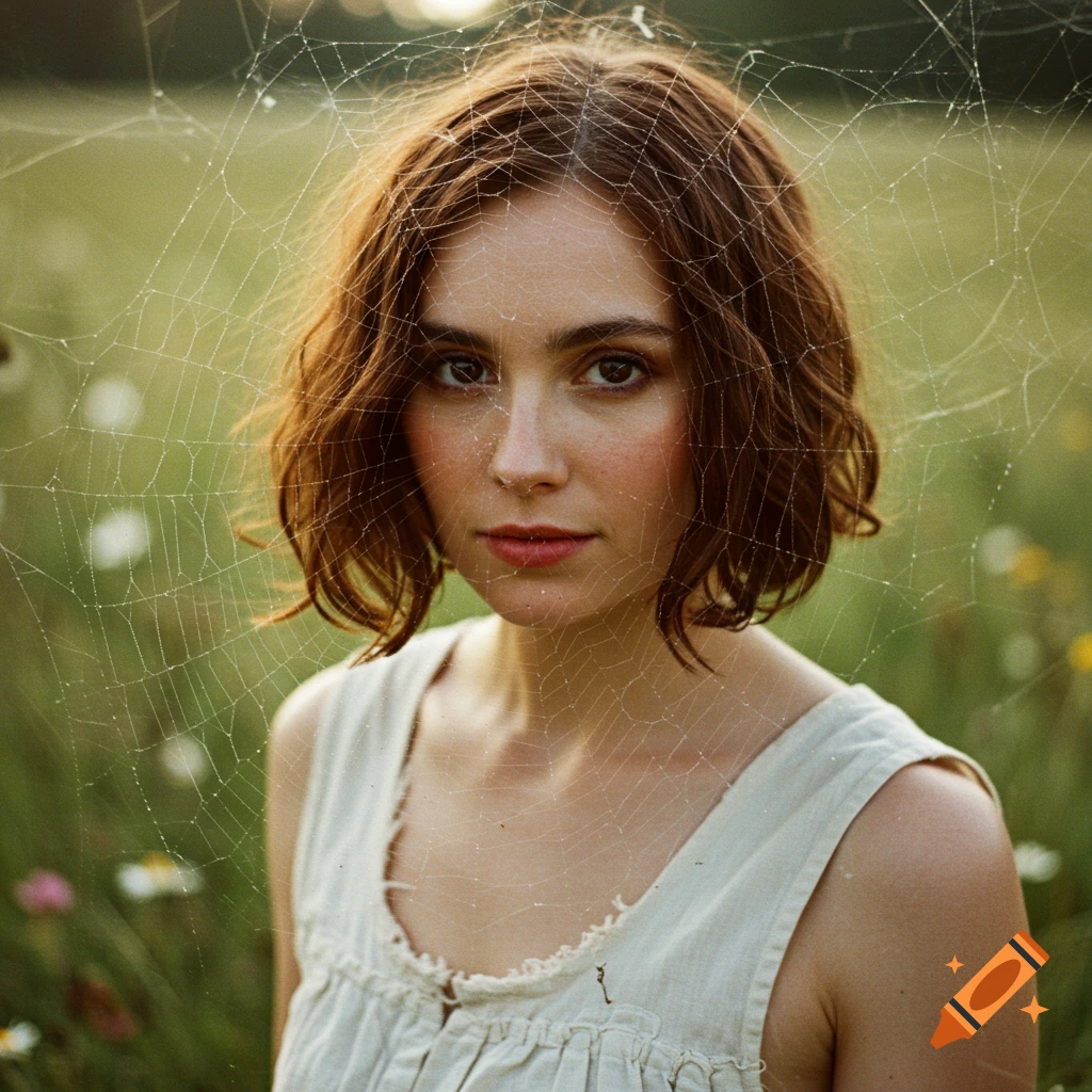A woman with a brown bob stands in a field, covered by a spider web.