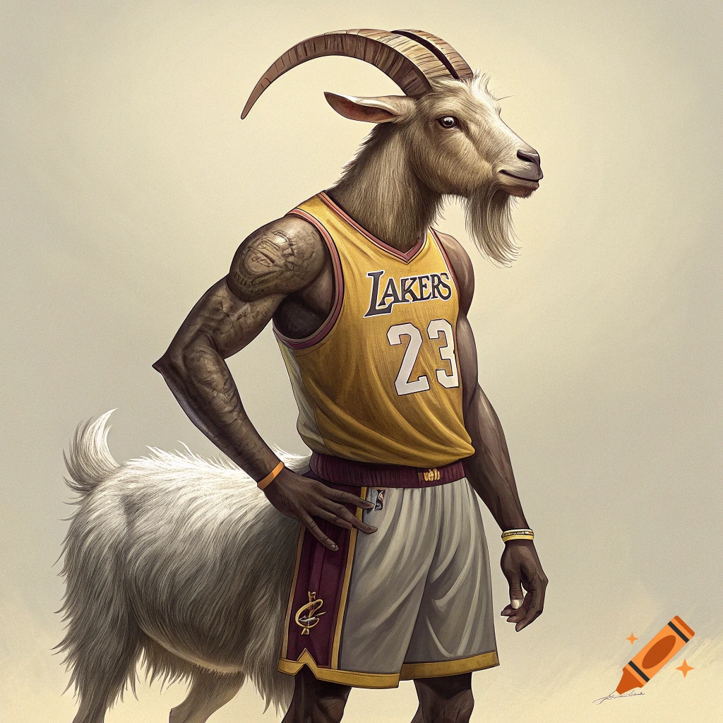 A fantasy hybrid creature with a goat head and body, wearing a yellow Los Angeles Lakers jersey with 'LAKERS' and '23' on it.