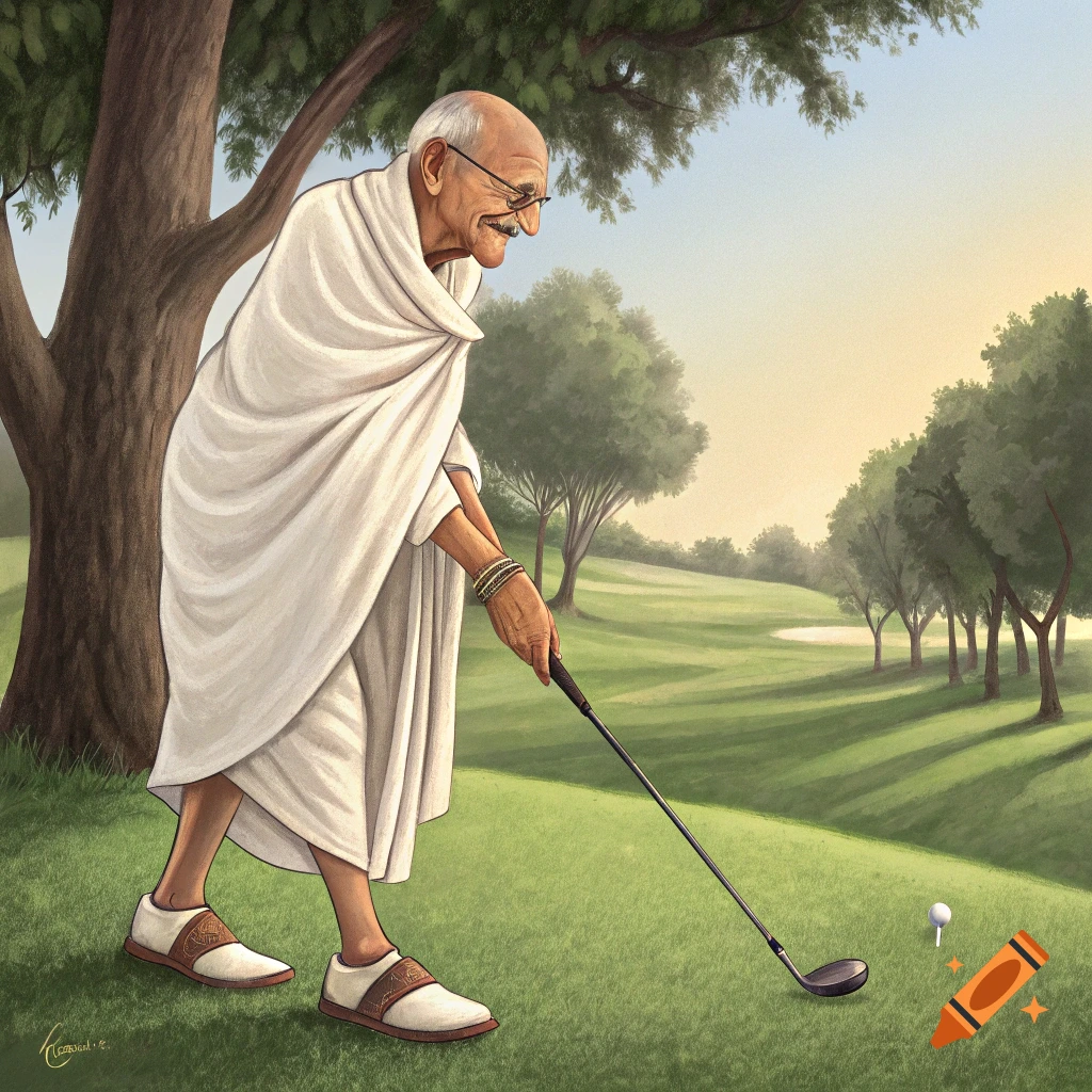 Illustration of Mahatma Gandhi playing golf on a green course, wearing traditional clothing and golf shoes.