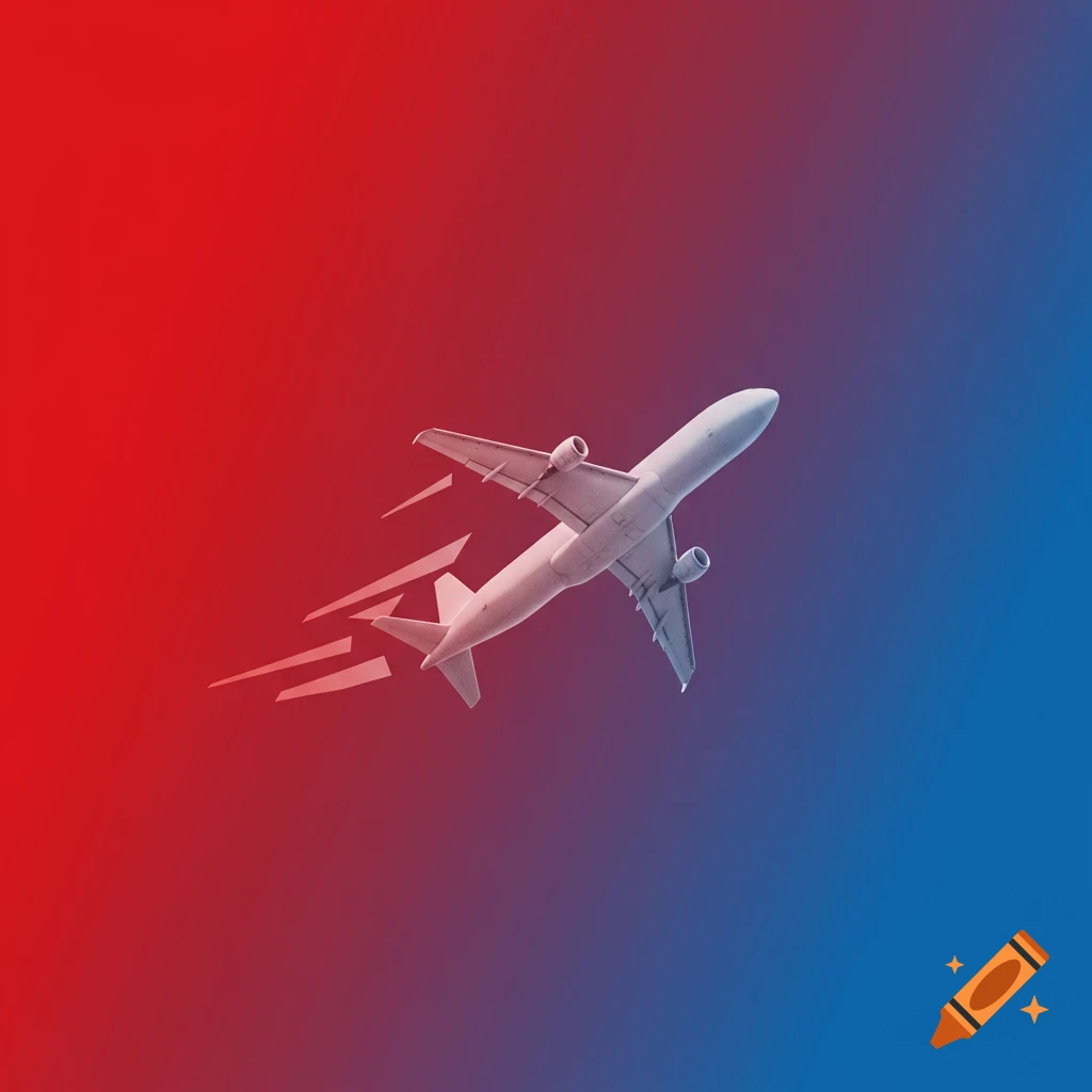 An airplane flies against a red and blue gradient background with speed lines.