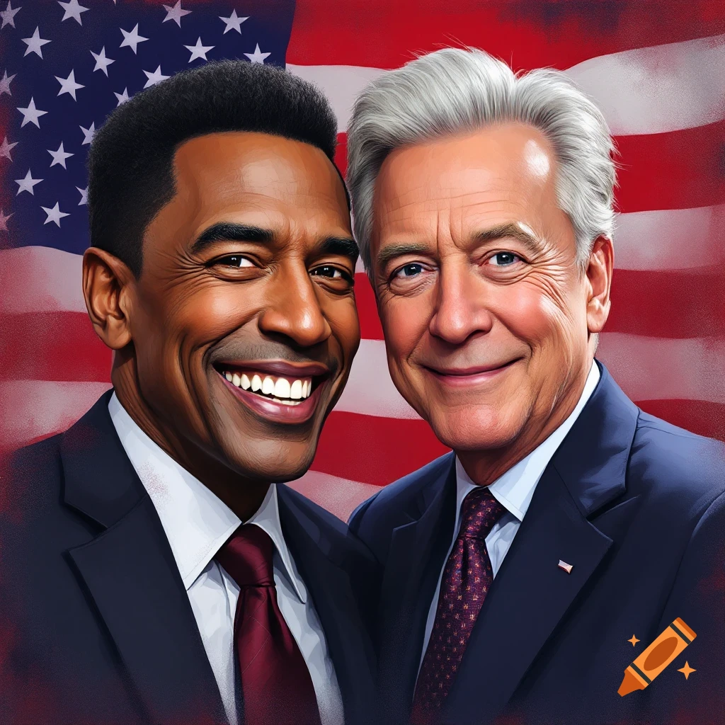 Digital illustration of two men in suits smiling in front of an American flag