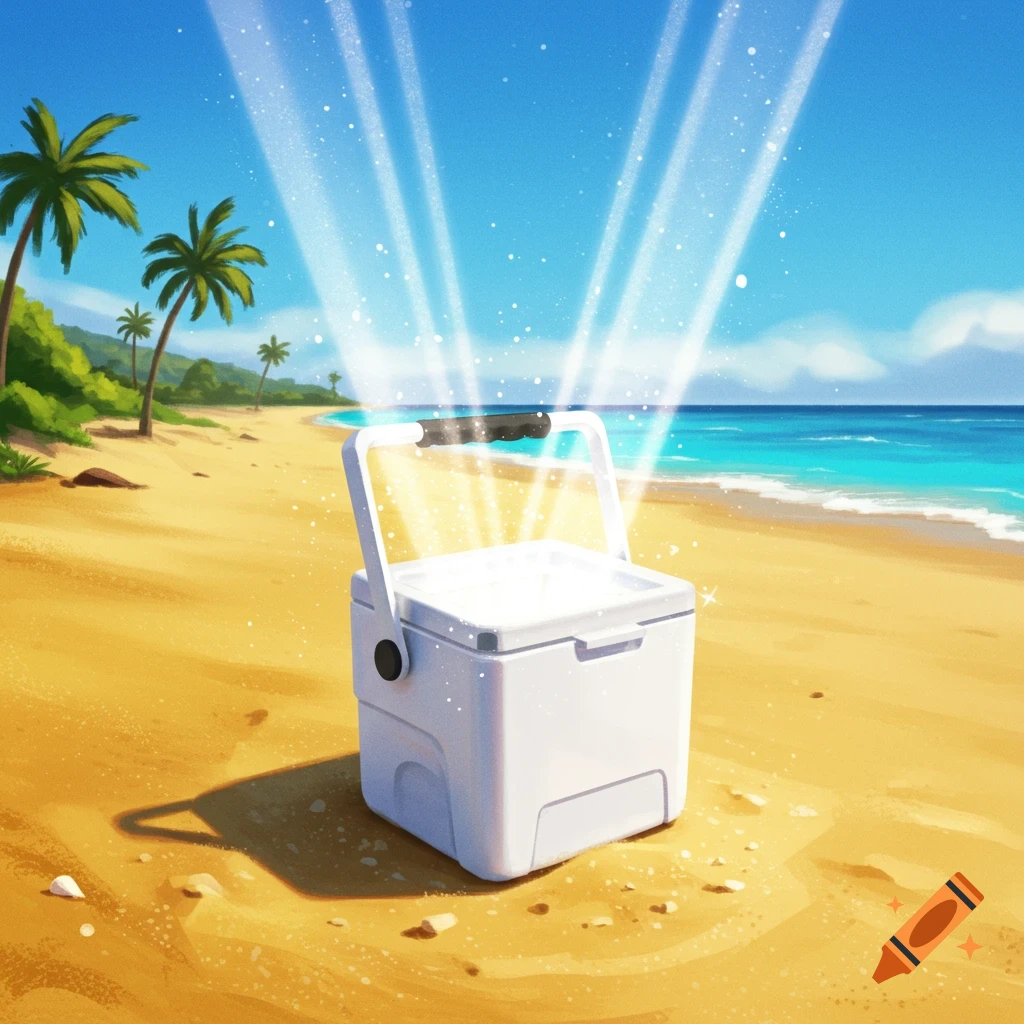 A white cooler sits on a sunny beach with palm trees and the ocean; light beams emanate from the cooler.