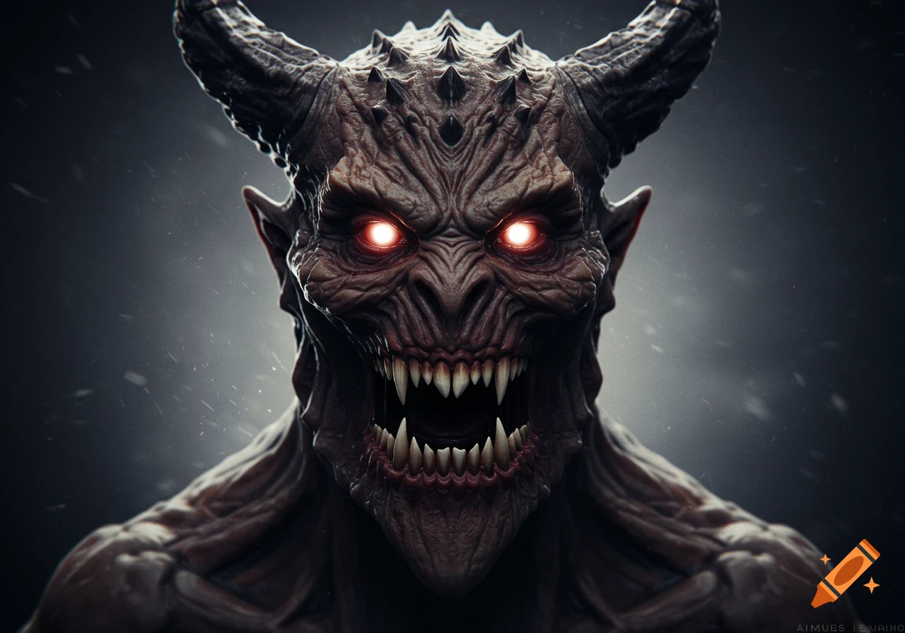 Close-up portrait of a scary fantasy monster with horns, textured skin, glowing red eyes, and sharp teeth.