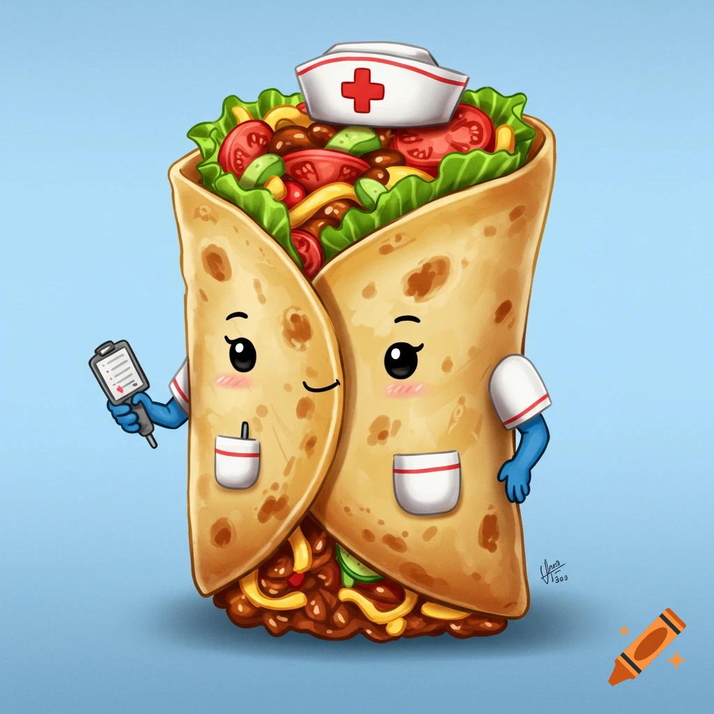 Cartoon illustration of a burrito dressed as a nurse holding a clipboard.