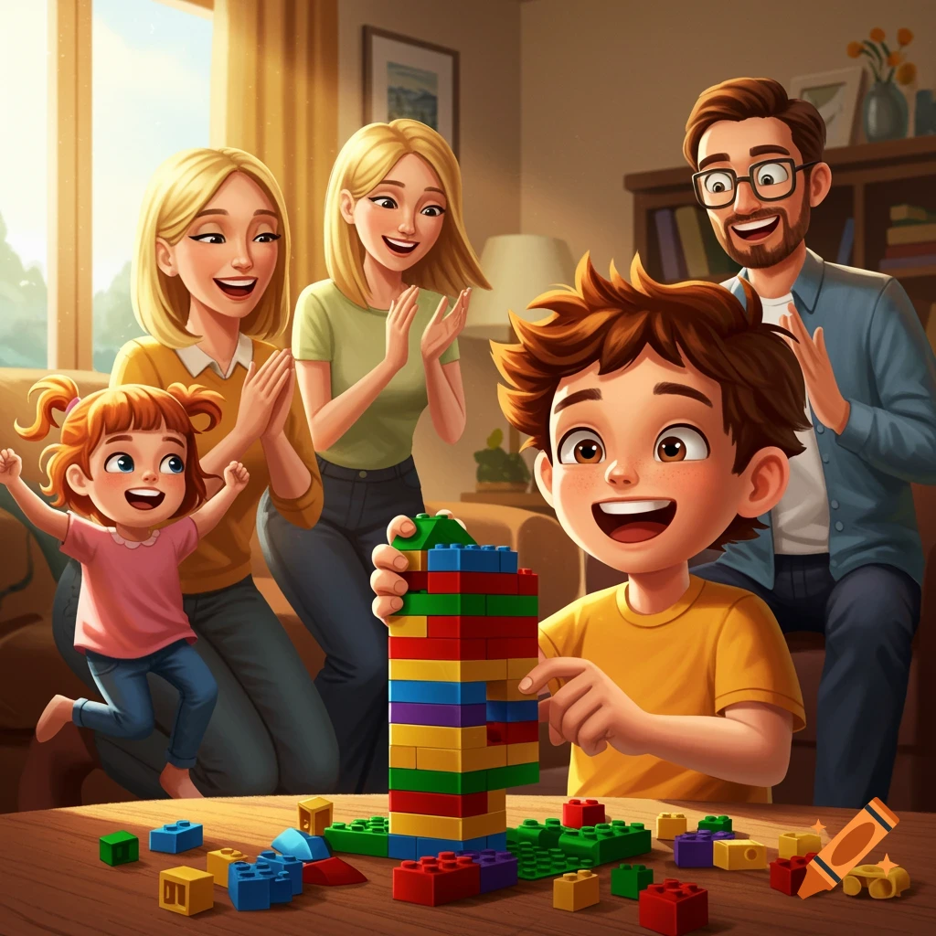 Cartoon of family watching boy build colorful block tower in living room.