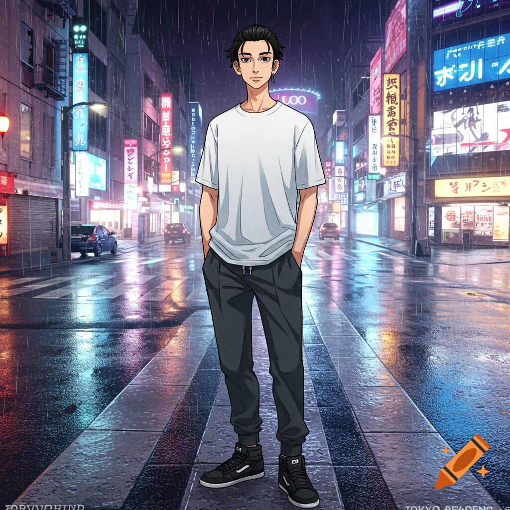 Anime character standing in a rainy city street at night.
