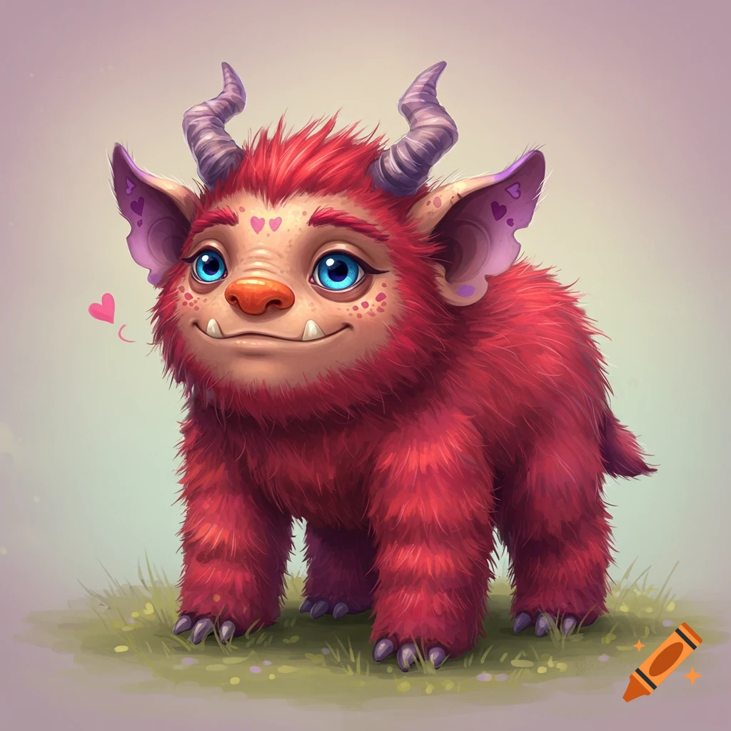 A cute, furry red monster with blue eyes, purple horns, and small hearts near its head stands on grass.