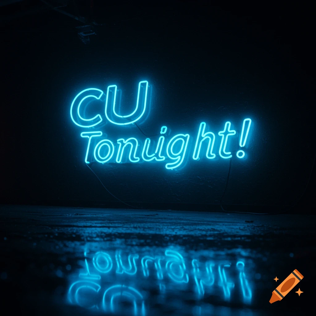 Blue neon sign saying 'CU Tonight!' reflected on a wet surface.