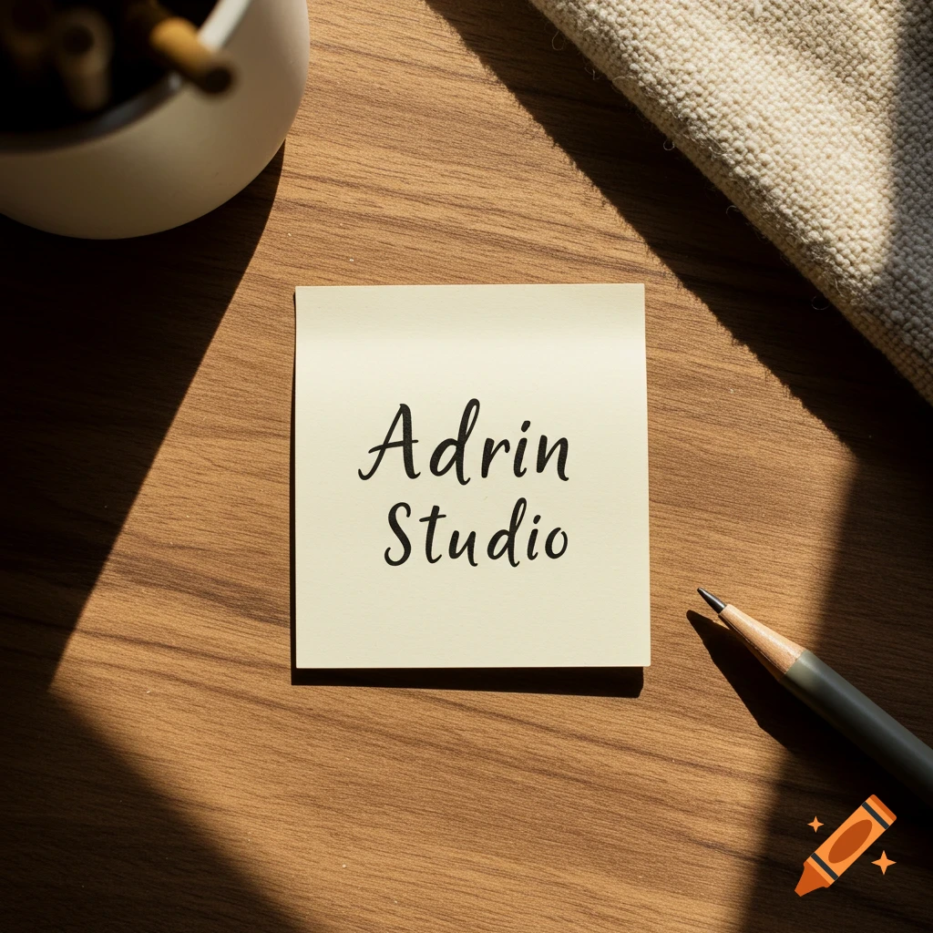 A yellow sticky note with 'Adrin Studio' written on it rests on a wooden desk next to a pencil.