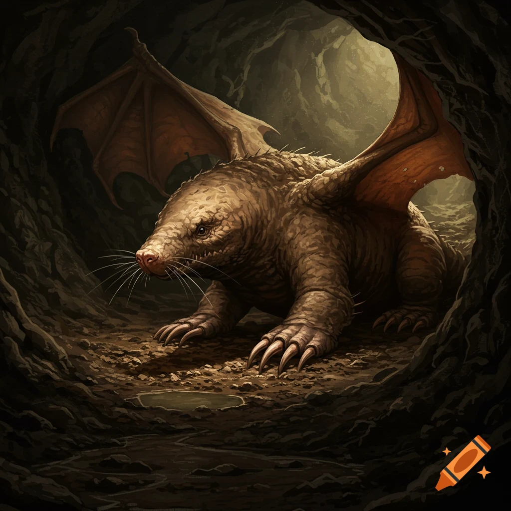 A mole-like dragon creature with wings sits in a dark cave.