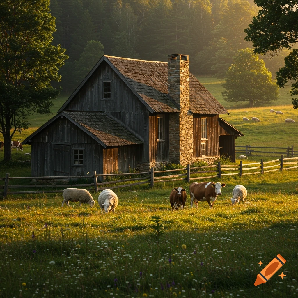 A rustic countryside house nestled in a field with sheep and cows grazing during golden hour.