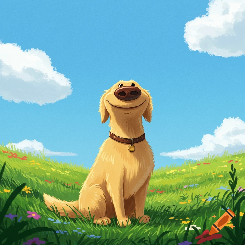 A cartoon golden retriever dog sits in a grassy field under a blue sky with clouds.