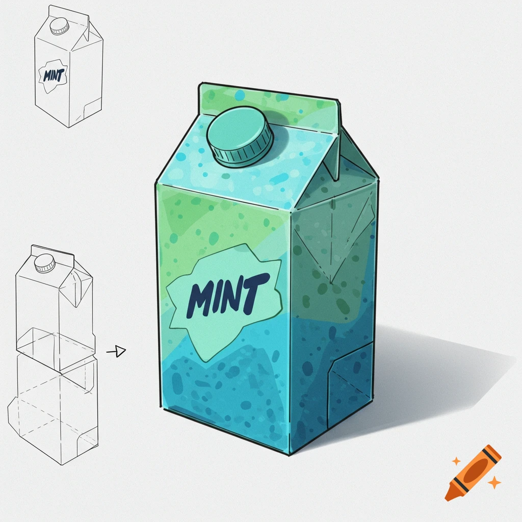 Illustration of a mint flavored juicebox carton next to its construction sketch.