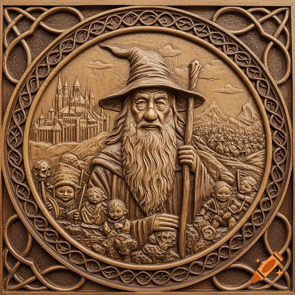 Intricate woodcarving of a wizard, hobbits, castle, and crowd, framed by a decorative border.