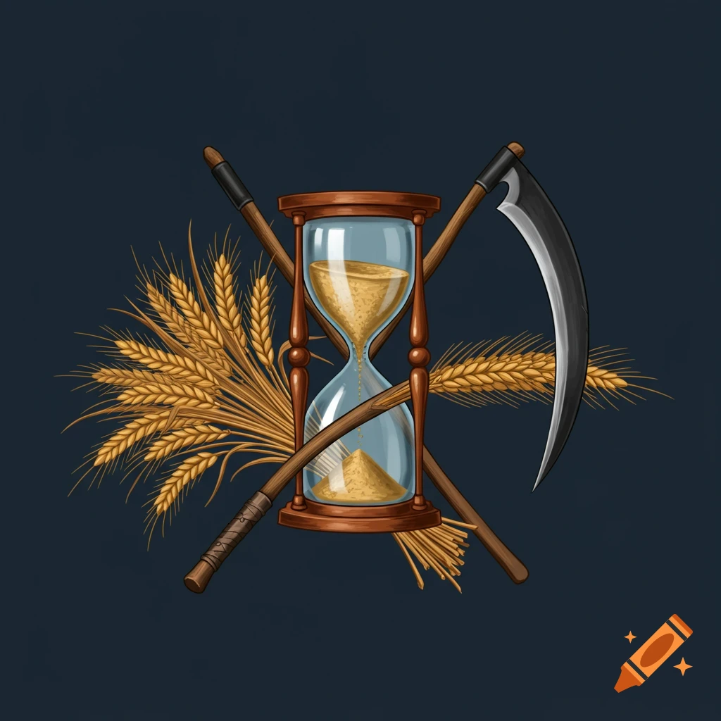 Illustration of an hourglass crossed with two scythes and framed by wheat stalks on a dark background.