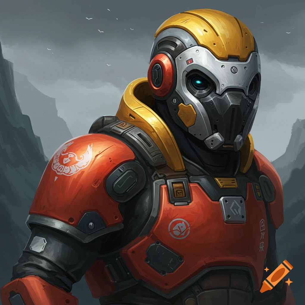 Close-up illustration of a person in detailed orange, yellow, and silver futuristic armor and helmet against a mountain background.