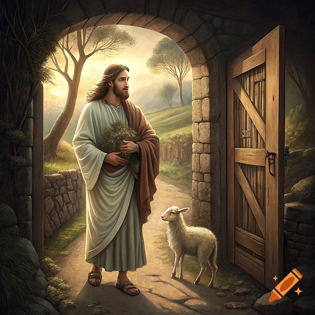 Jesus and a lamb stand by an arched doorway opening to a landscape.