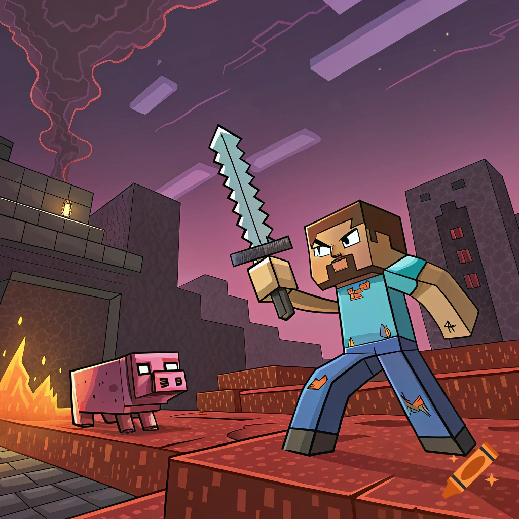 Cartoon illustration of Minecraft Steve holding a sword in a nether-like world with a pig.