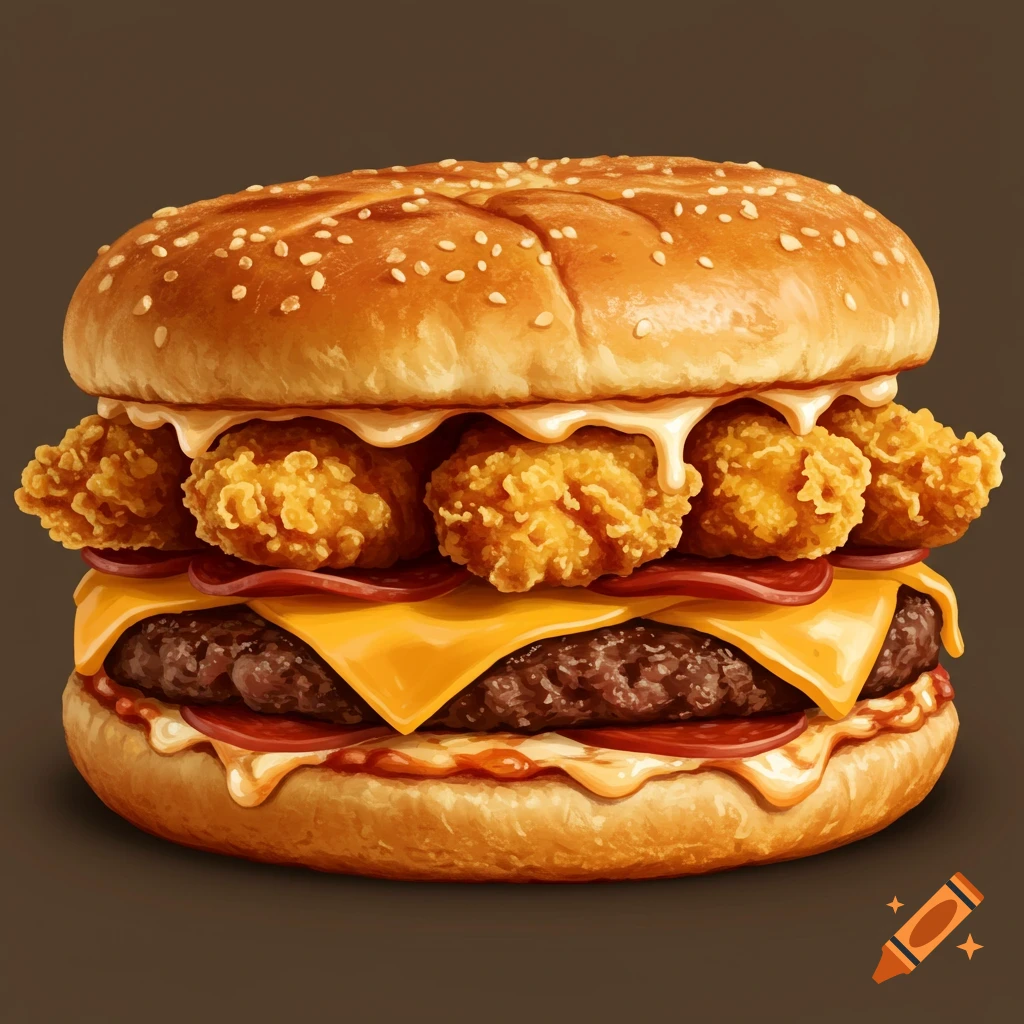 Detailed close-up of a large burger with cheese, bacon, fried chicken, and sauce.