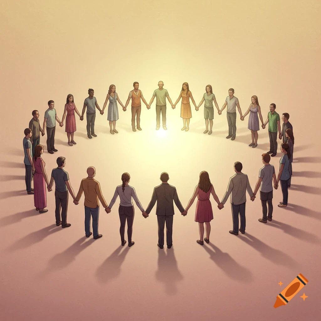 An illustration of a diverse group of people holding hands in a circle