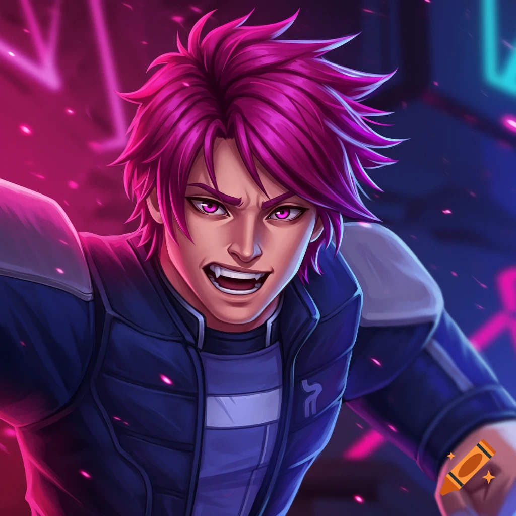 Stylized portrait of a character with spiky pink hair, fangs, and glowing eyes, wearing a futuristic jacket against a neon cyberpunk background.