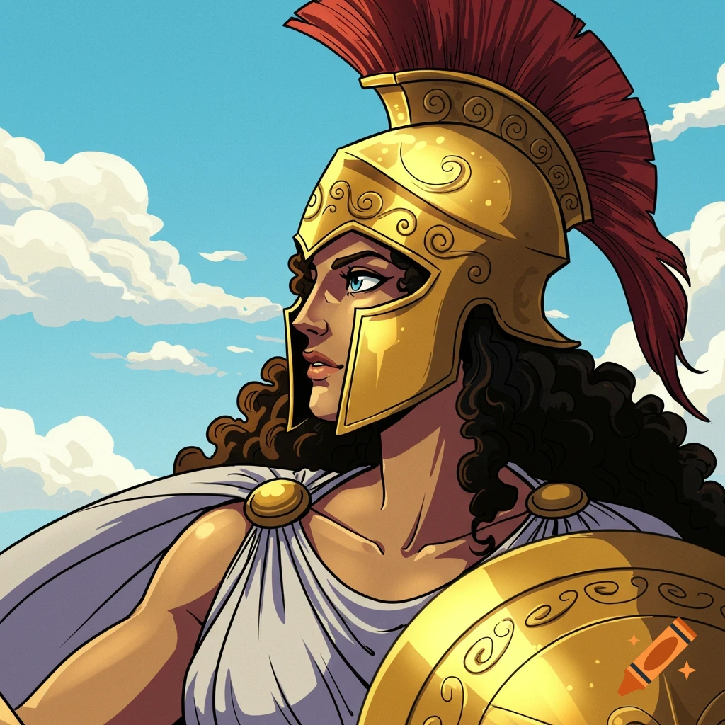 Cartoon drawing of the Greek goddess Athena in a golden helmet and armor, holding a shield, looking left against a cloudy sky.