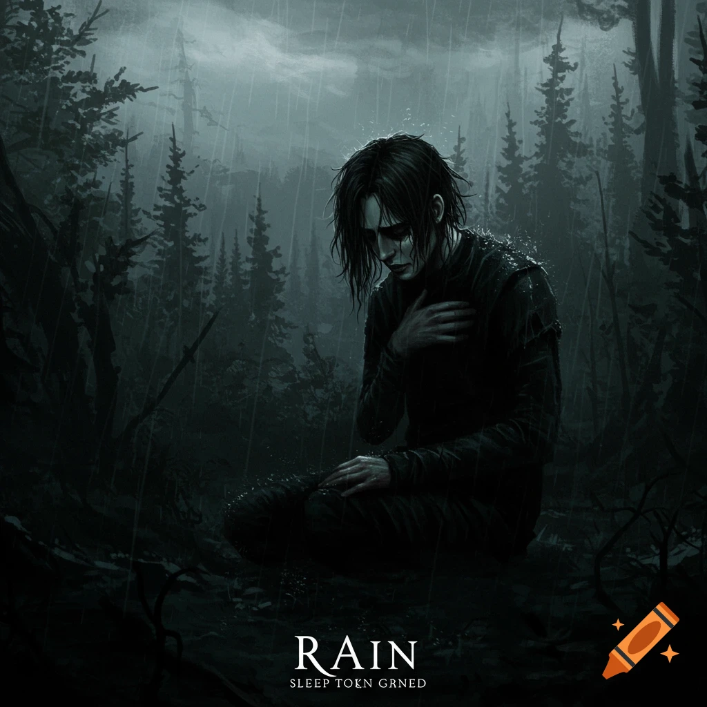 A dark painting of a person kneeling in the rain in a forest. Text reads "RAIN".