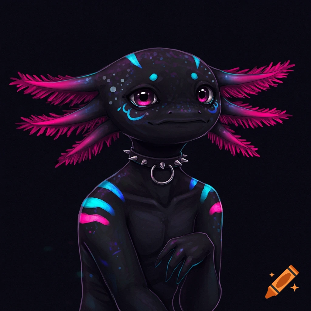 A dark, stylized fantasy creature resembling an axolotl with vibrant pink and blue markings and a spiked collar.