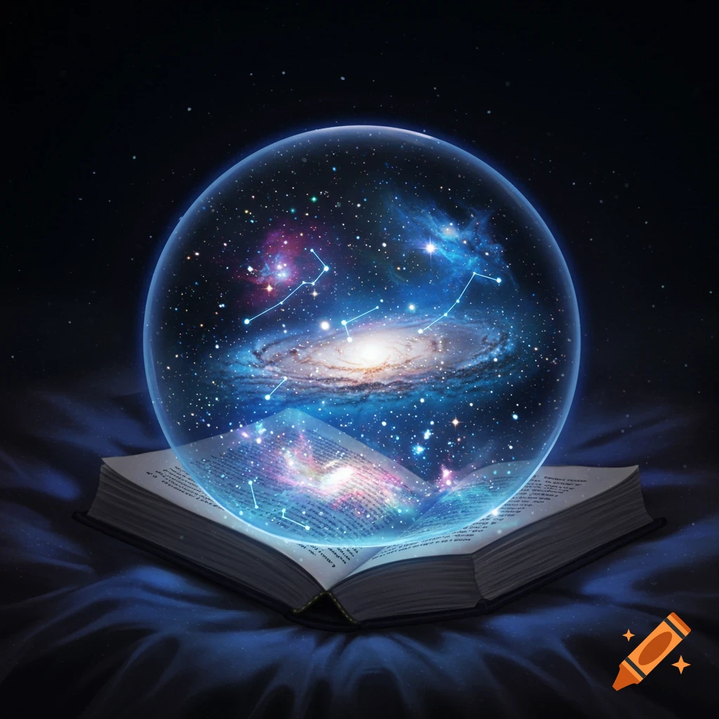An open book on a surface with a glowing sphere containing a galaxy and stars hovering above it.