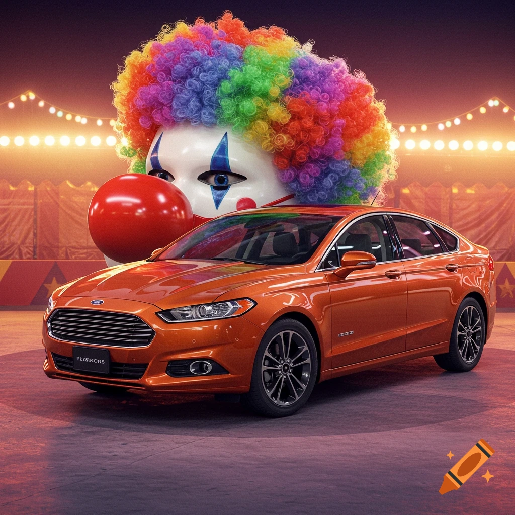 2013 Ford Fusion with clown wig and nose