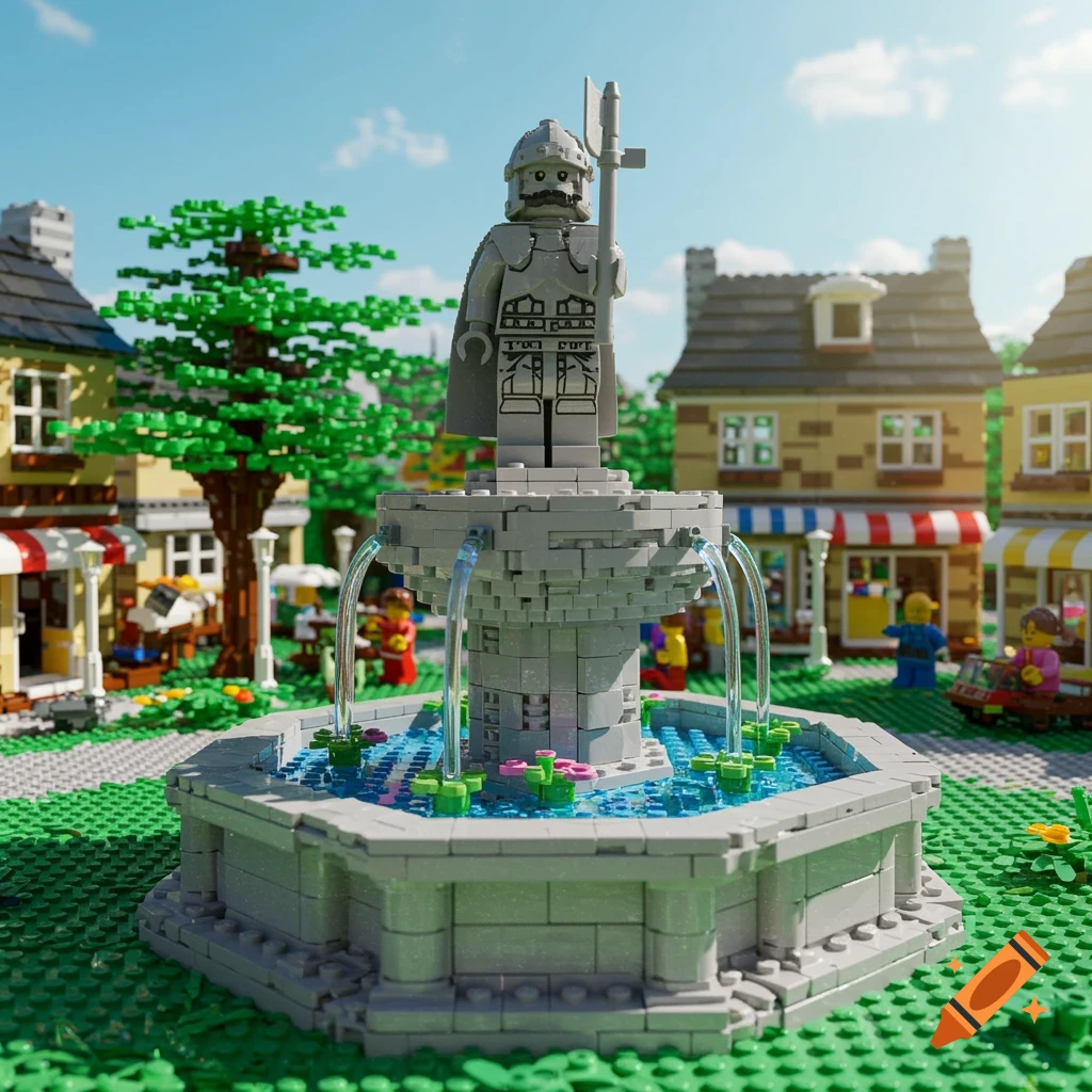 A Lego fountain with a knight statue in a sunny Lego neighborhood.