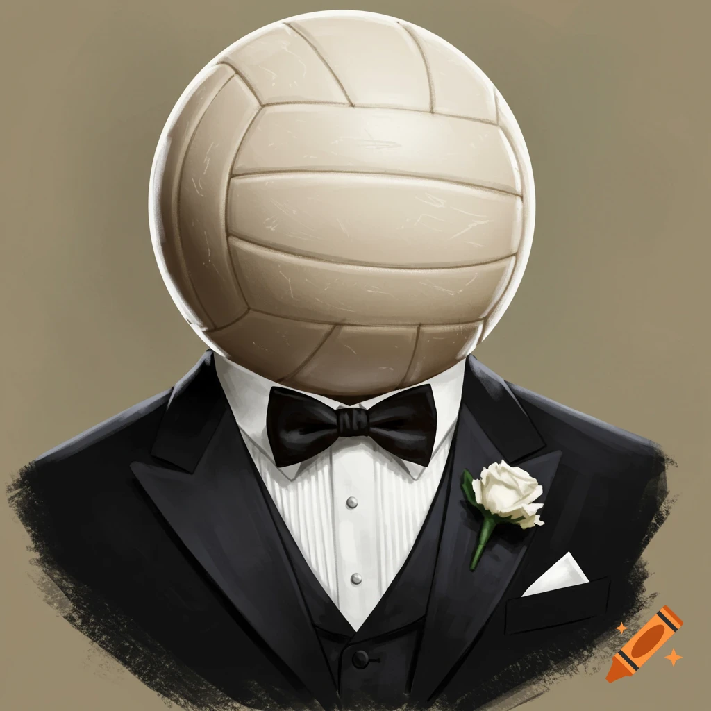 A volleyball wearing a black tuxedo with a bow tie and a white rose boutonniere.